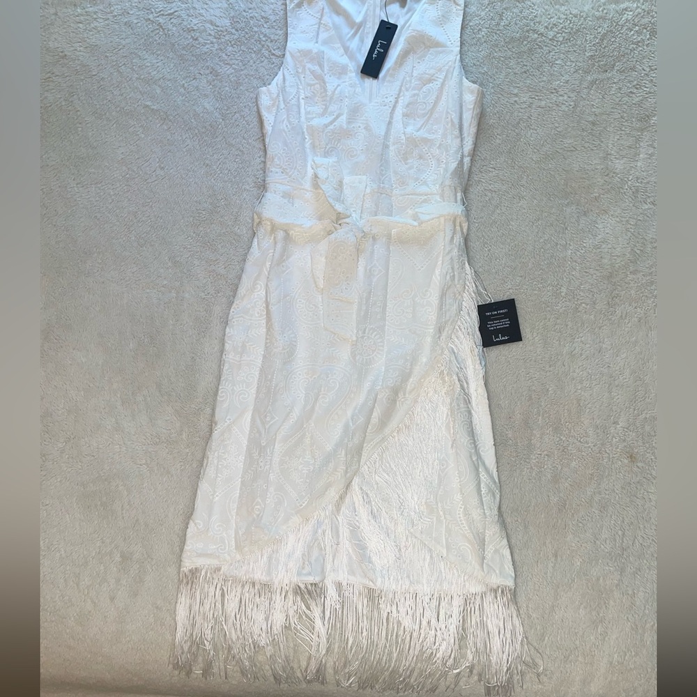 Lulus Always Ravishing White Cotton Eyelet Fringe Tulip Midi Dress - Picture 2 of 9